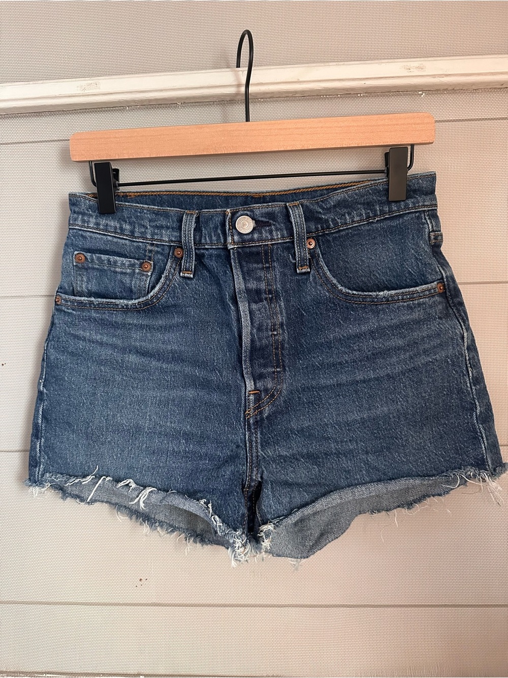 Levi's Distressed Dark Blue High-Rise Jean Shorts
